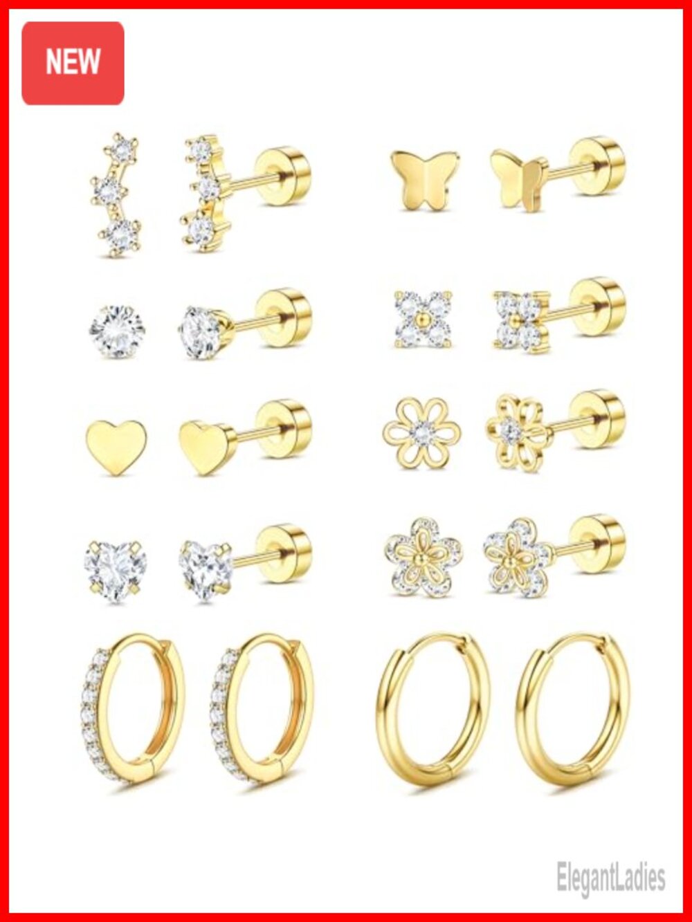 10Pairs Flat Back Earrings Women Girls Hypoallergenic 14K Gold Plated